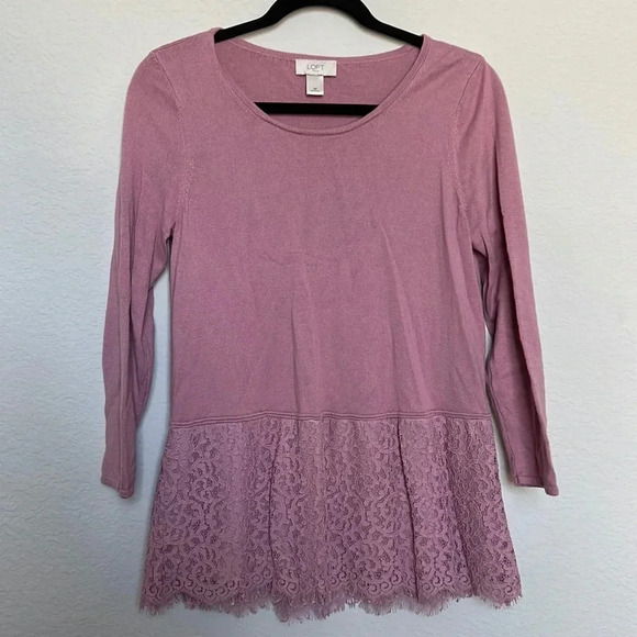 Loft Pink 3/4 Sleeve Lace Bottom Shirt - Picture 2 of 5